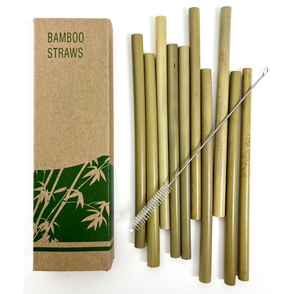 New Pack of 10 Bamboo Straws + Tube and Pipe Brush Reusable Green Bamboo Straws